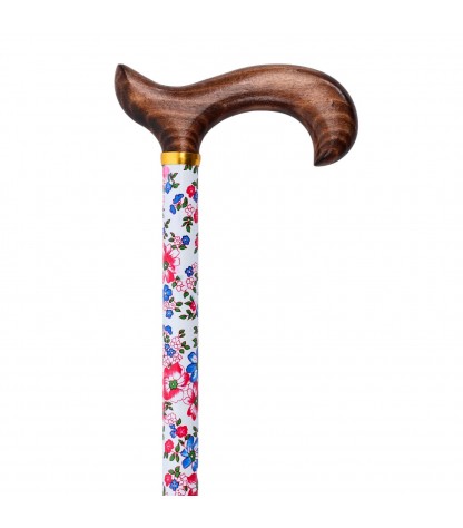 Canne de marche réglable Charme de Printemps, motif de fleurs clair, poignée en bois flammé. Idéal pour offrir comme cadeau.