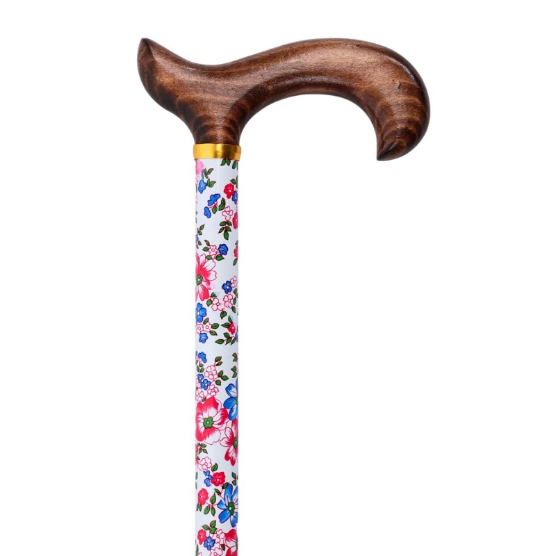 Canne de marche réglable Charme de Printemps, motif de fleurs clair, poignée en bois flammé. Idéal pour offrir comme cadeau.