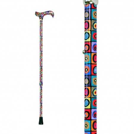 Canne de marche complète et réglable Kandinsky carrés et cercles entièrement décorée de motifs géométriques.