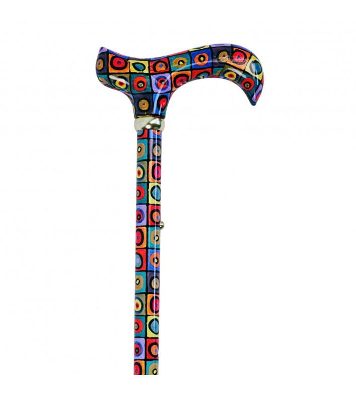 Canne de marche réglable avec poignée ergonomique et motif Kandinsky à cercles, idéale à offrir en cadeau.