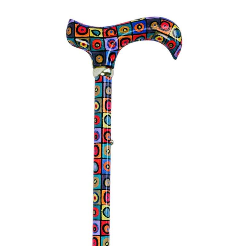 Canne de marche réglable Kandinsky carrés et cercles avec poignée derby ergonomique, idéale à offrir en cadeau.