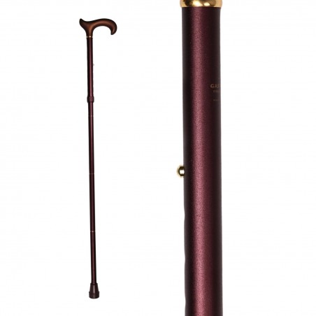 Belle canne pliante Séquoia extra-longue en aluminium-bronze, poignée Derby. Appui très solide.