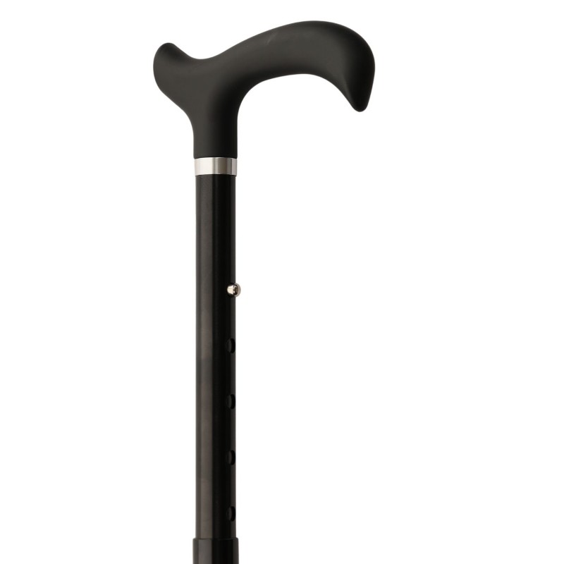 Détail du haut d'une canne de marche en aluminium, discret, avec poignée Derby confortable et agréable au toucher.