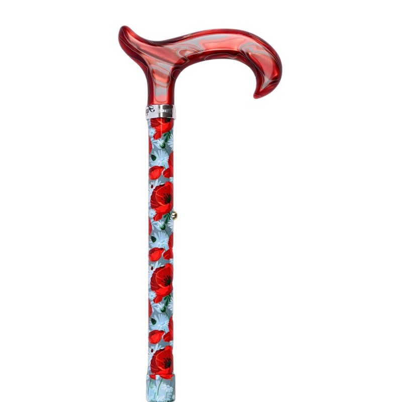 Motif de coquelicots sur une canne de marche rouge, poignée Derby élégante pour femme.