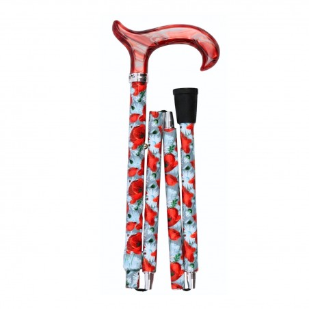 Canne de marche pliante rouge élégante pour femme, motif de coquelicots, style féminin.