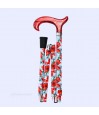 Poignée Derby rouge confortable sur canne de marche pour femme, pliante, avec des fleurs de coquelicot.