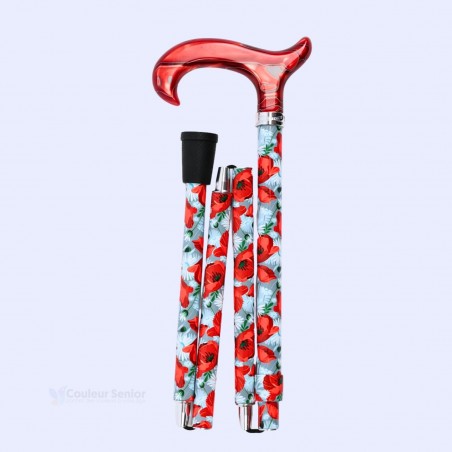 Poignée Derby rouge confortable sur canne de marche pour femme, pliante, avec des fleurs de coquelicot.