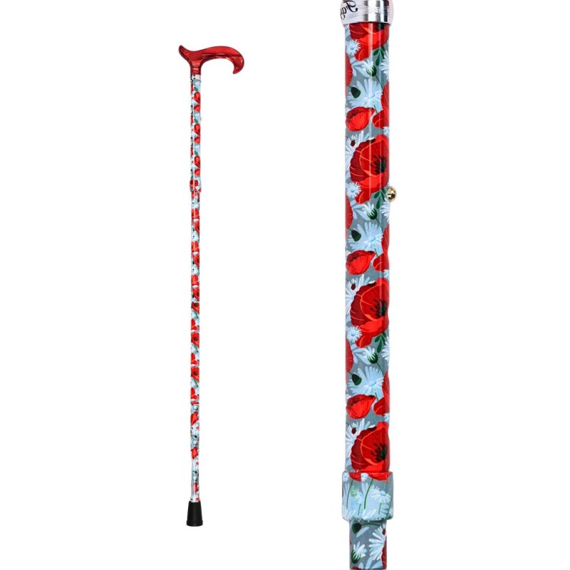 Canne pliante réglable Coquelicots en aluminium, motif de coquelicots, poignée Derby en plexiglas rouge.