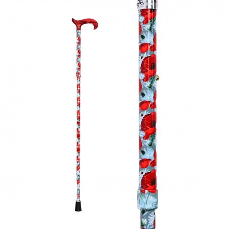 Canne pliante réglable Coquelicots en aluminium, motif de coquelicots, poignée Derby en plexiglas rouge.