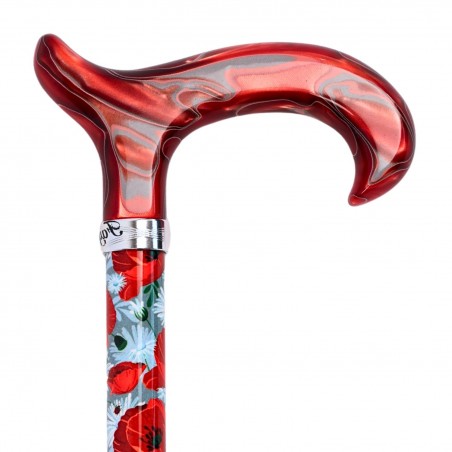 Poignée élégante derby rouge de la canne de marche pliante Coquelicots de la marque française Fayet.