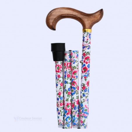 Canne de marche pliante et réglable pour seniors, à motif floral rose, bleu et blanc. Très discrète, modèle Liberty Printemps.