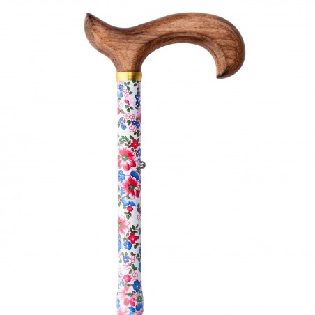 Canne de marche Liberty Printemps, blanche, à fleurs bleues et roses. Un beau cadeau original pour femme à un très bon prix.