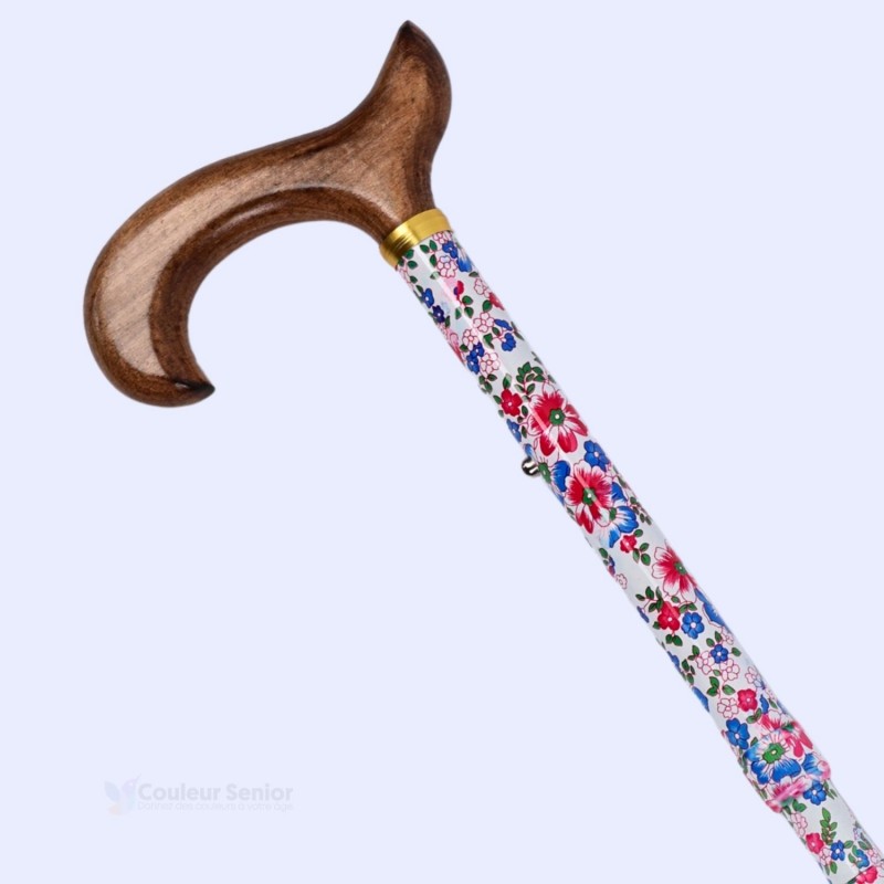 Poignée Derby en bois clair, de canne de marche blanche à fleurs. Qualité et confort pour seniors. Idéal pour offrir en cadeau.