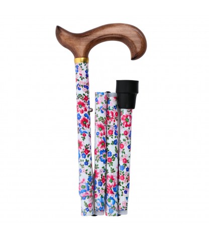 Canne de marche Liberty Printemps, pliable, motif floral sur fond blanc, poignée en bois clair.