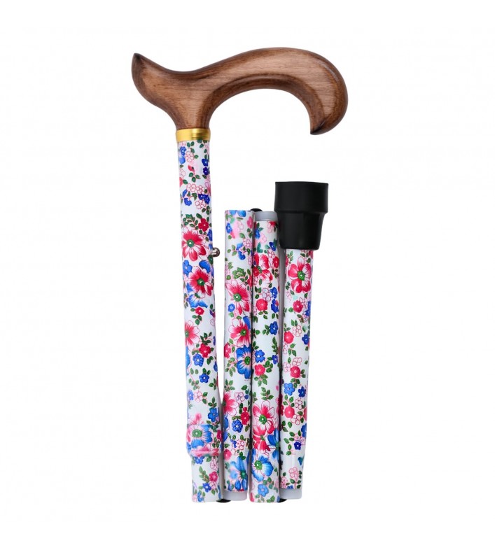 Canne de marche Liberty Printemps, pliable, motif floral sur fond blanc, poignée en bois clair.