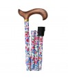 Canne de marche Liberty Printemps, pliable, motif floral sur fond blanc, poignée en bois clair.
