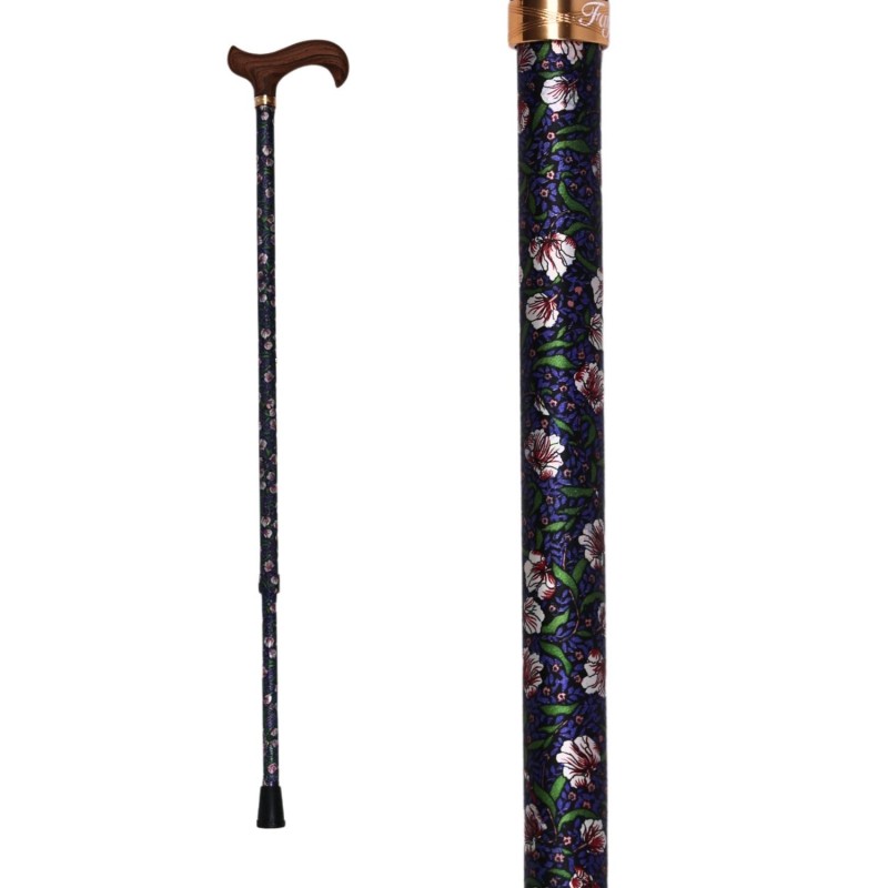 Canne de marche réglable en aluminium Lotus de Nuit pour femmes, avec poignée en bois élégante et décor de fleurs.