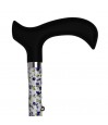 Poignée soft noire sur canne de marche Faïence fleurie bleue, pliante et réglable.