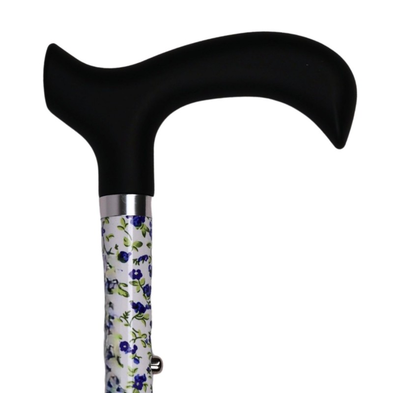 Poignée soft noire sur canne de marche Faïence fleurie bleue, pliante et réglable.