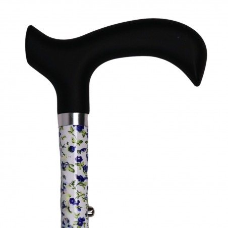 Poignée soft noire sur canne de marche Faïence fleurie bleue, pliante et réglable.