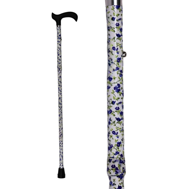Canne de marche Faïence fleurie pour femme, bleuet, accessible. Idéale comme première canne pour le quotidien.