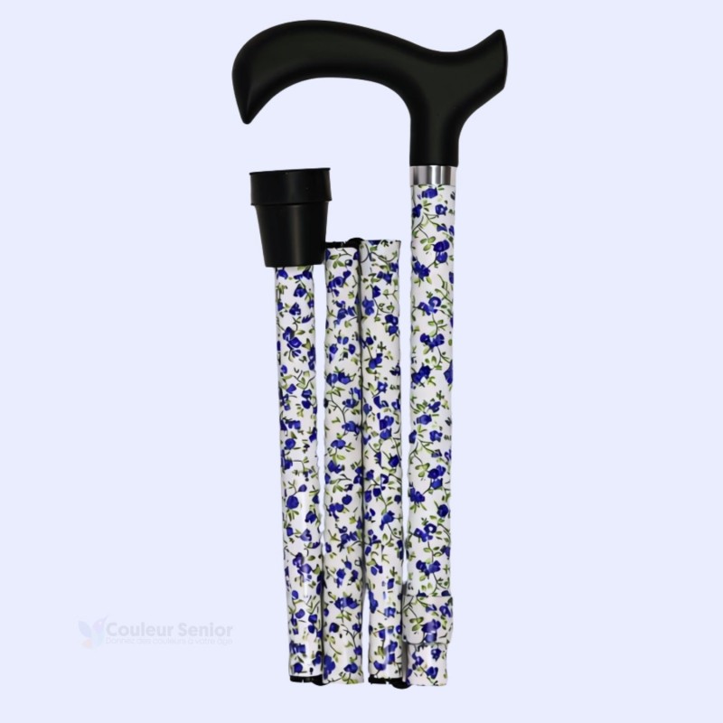 Canne pliée Faïence fleurie bleuet. Rangement facile pour une belle première expérience de marche.