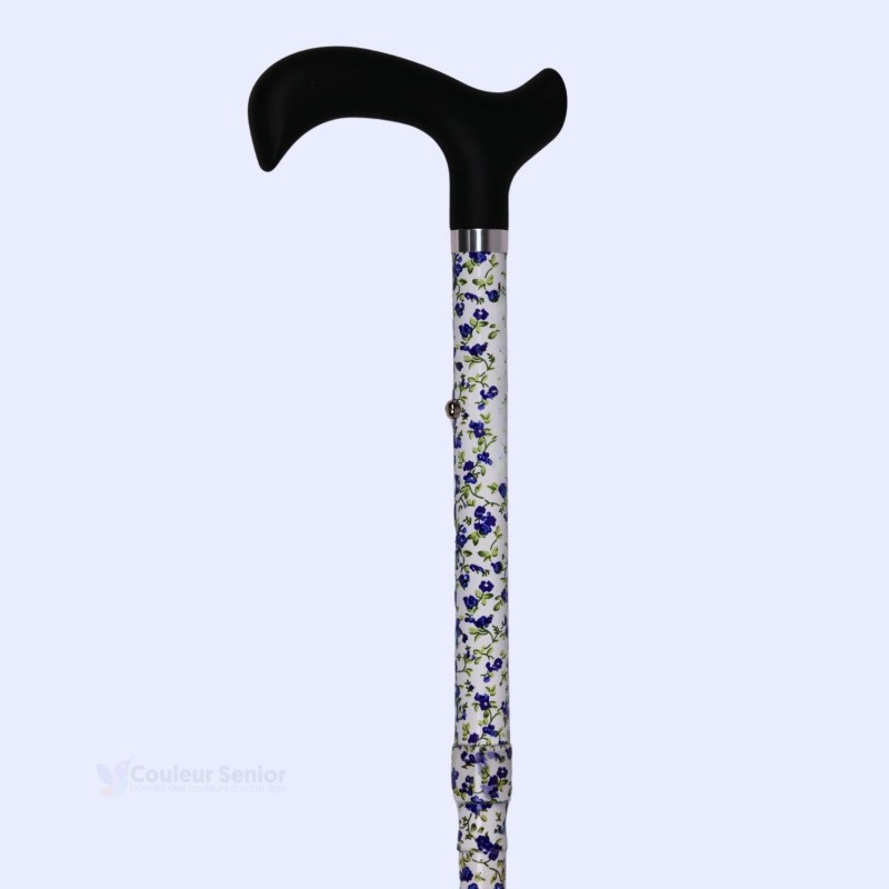 Profil de la canne de marche Faïence fleurie pliante Bleuet. Modèle robuste et sécurisé.