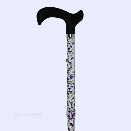 Profil de la canne de marche Faïence fleurie pliante Bleuet. Modèle robuste et sécurisé.