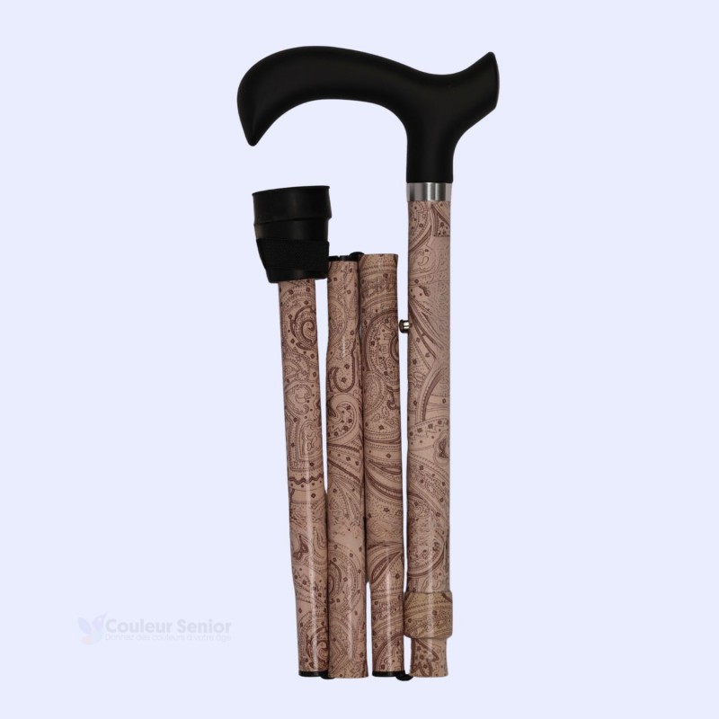 Canne de marche Cachemire Sable pliable et se règle en un geste sur 5 positions, de 83,5 à 95,5 cm