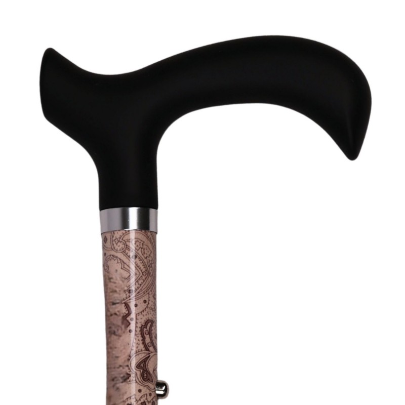 Poignée noire derby de la canne de marche Cachemire Sable pliante Arabesque beige.