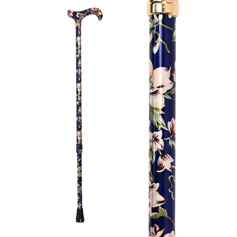 Vue du motif floral Royal Bleu Marine sur une canne de marche élégante pour femme.