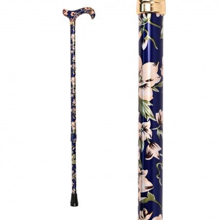 Vue du motif floral Royal Bleu Marine sur une canne de marche élégante pour femme.