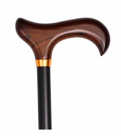Canne de marche Jais réglable noire avec poignée ergonomique en bois marron.