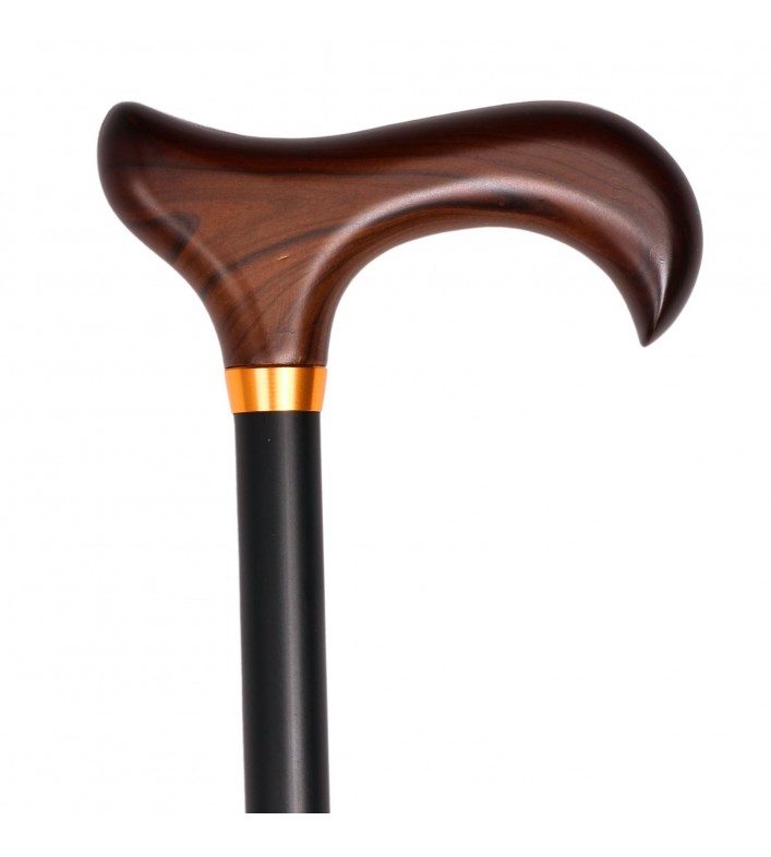 Canne de marche Jais réglable noire avec poignée ergonomique en bois marron.