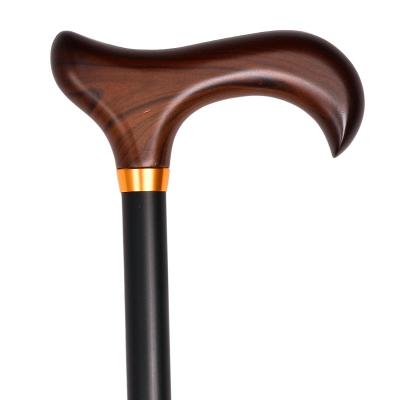 Canne de marche Jais réglable noire avec poignée ergonomique en bois marron.