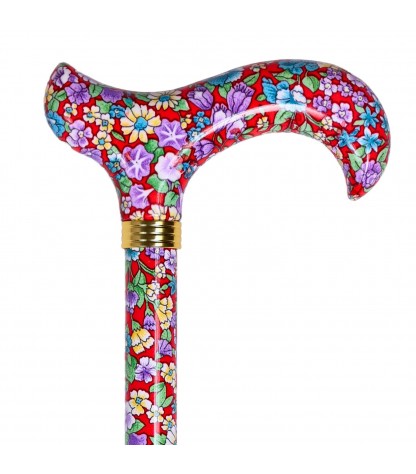 Canne de marche réglable fleurie Volubilis rouge en aluminium, colorée et féminine, idéale pour offrir en cadeau.