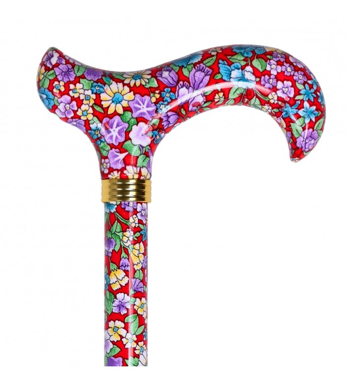 Canne de marche réglable fleurie Volubilis rouge en aluminium, colorée et féminine, idéale pour offrir en cadeau.