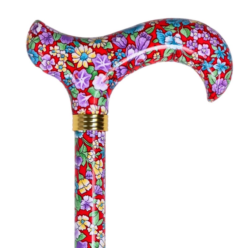Canne de marche réglable fleurie Volubilis rouge en aluminium, colorée et féminine, idéale pour offrir en cadeau.