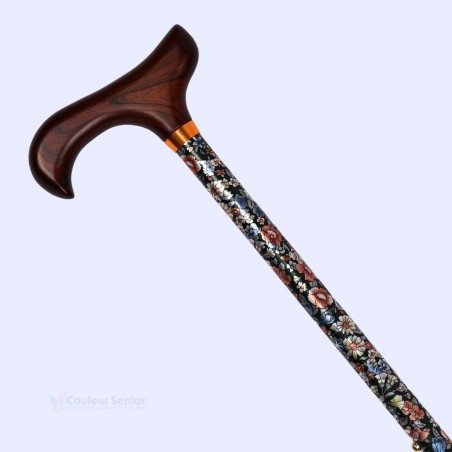 Profil de la canne réglable Tapisserie Florale. Poignée bien orientée pour soutenir la main et éviter les douleurs.
