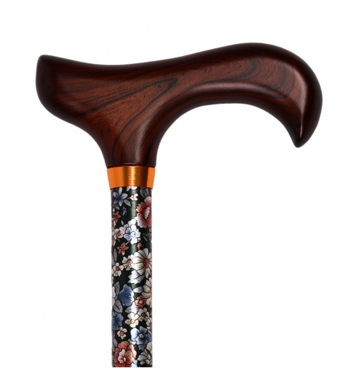 Canne de marche réglable, Tapisserie Florale sur fond vert et poignée ergonomique en bois, bonne prise en main.