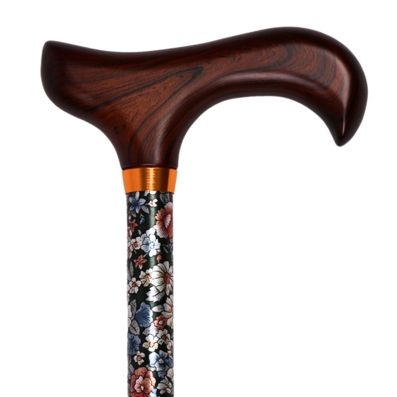Canne de marche réglable, Tapisserie Florale sur fond vert et poignée ergonomique en bois, bonne prise en main.