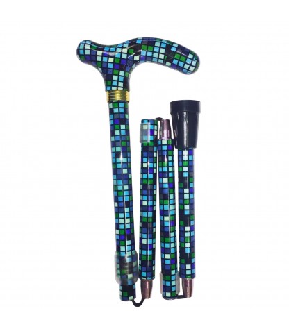 Canne de marche pliante Mosaïque bleue, petite, compacte, facile et pratique à ranger dans un sac.