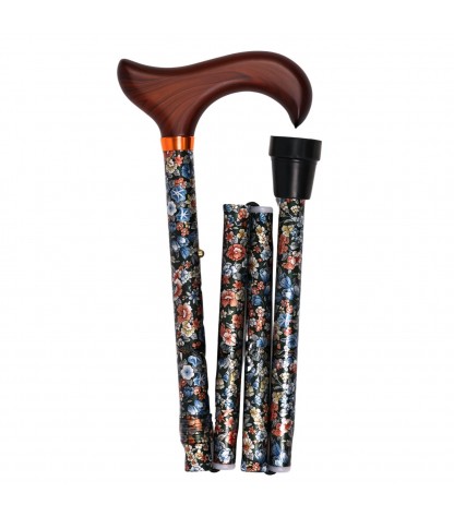 Canne de marche pliable fleurie Émeraude, avec poignée en bois derby. Très discret et élégant pour femme.