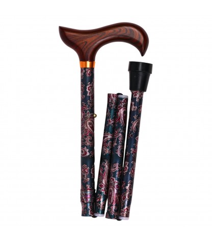 Canne pliante Cachemire Paon originale pour femme, très chic avec poignée en bois.