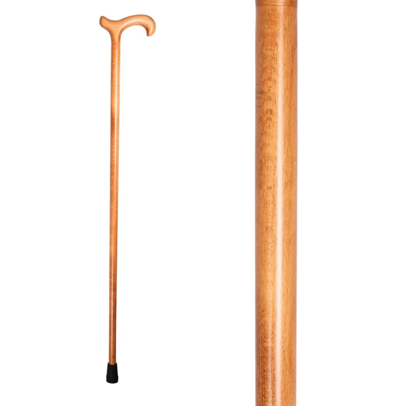 Vue complète de la canne de marche en bois de hêtre teinté clair Roi Soleil. Un soutien naturel et très confortable pour homme.