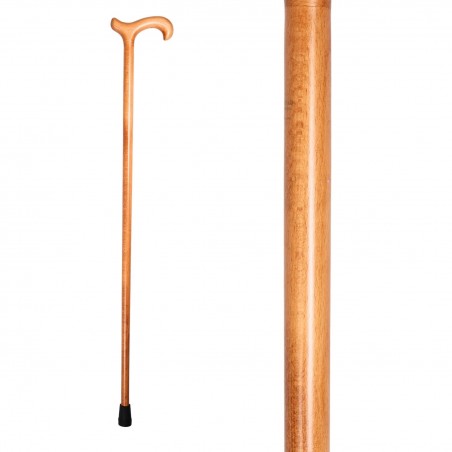Vue complète de la canne de marche en bois de hêtre teinté clair Roi Soleil. Un soutien naturel et très confortable pour homme.