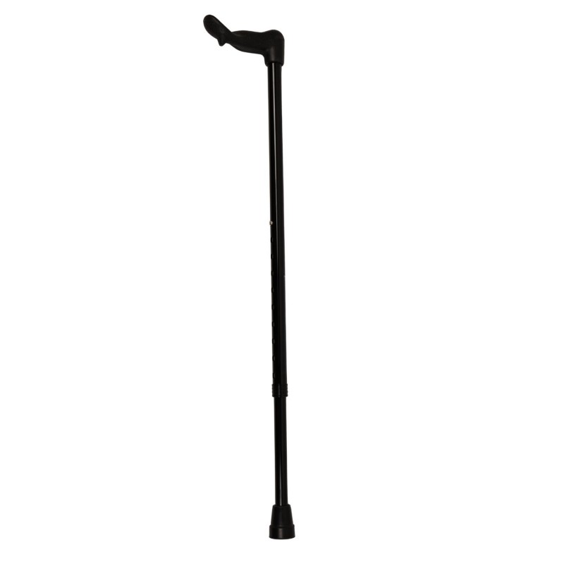 Profil complet de la canne de marche anatomique noire réglable dotée d'une poignée orthopédique stable.