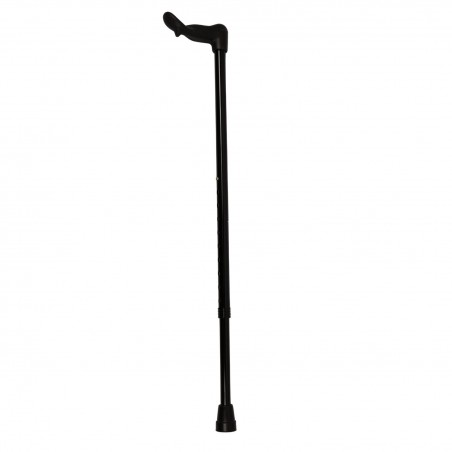 Profil complet de la canne de marche anatomique noire réglable dotée d'une poignée orthopédique stable.