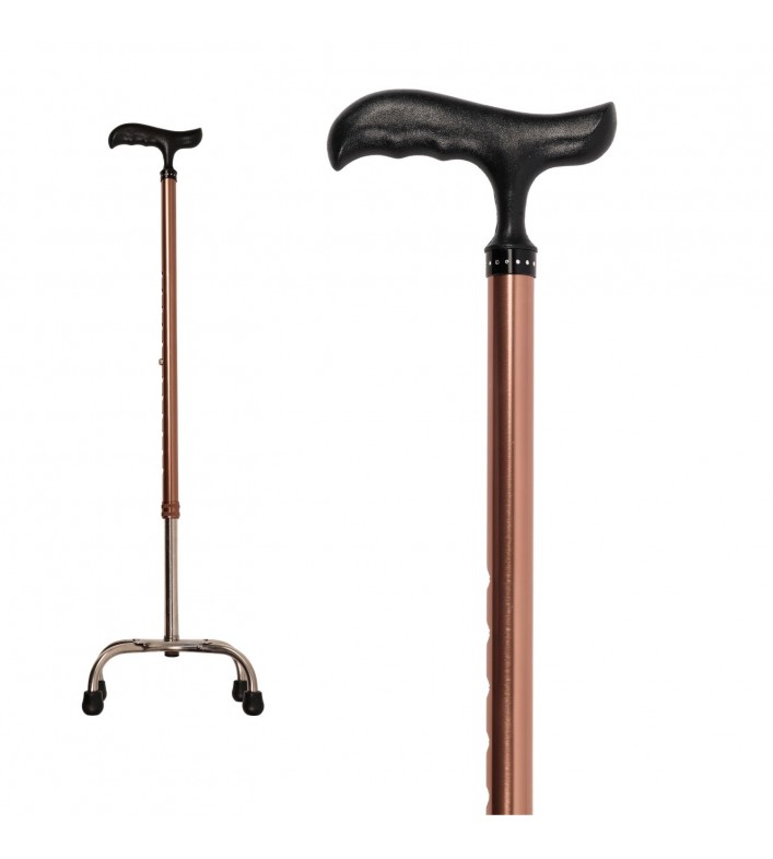 Canne de marche quadripode compacte, fût bronze et base 4 pieds chromée