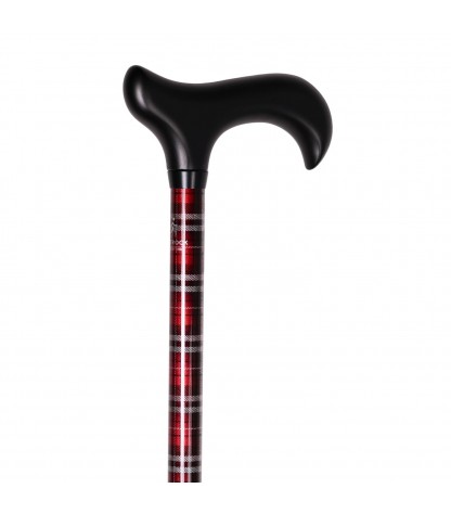 Canne de marche réglable Stuart, tartan rouge et noir, poignée Derby noire